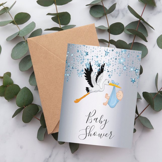 Blue stars bébé garçon argent invitation (Créateur téléchargé)