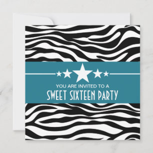 Blue Stars Zebra Print Sweet 16 Invitation