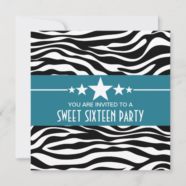 Blue Stars Zebra Print Sweet 16 Invitation (Devant)