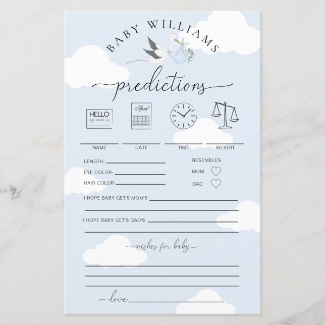 Blue Stork Baby Predictions Jeu (Devant)