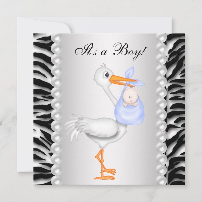 Blue Stork Zebra Baby Shower Invitations (Devant)