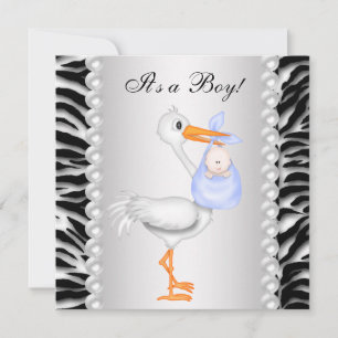 Blue Stork Zebra Baby Shower Invitations