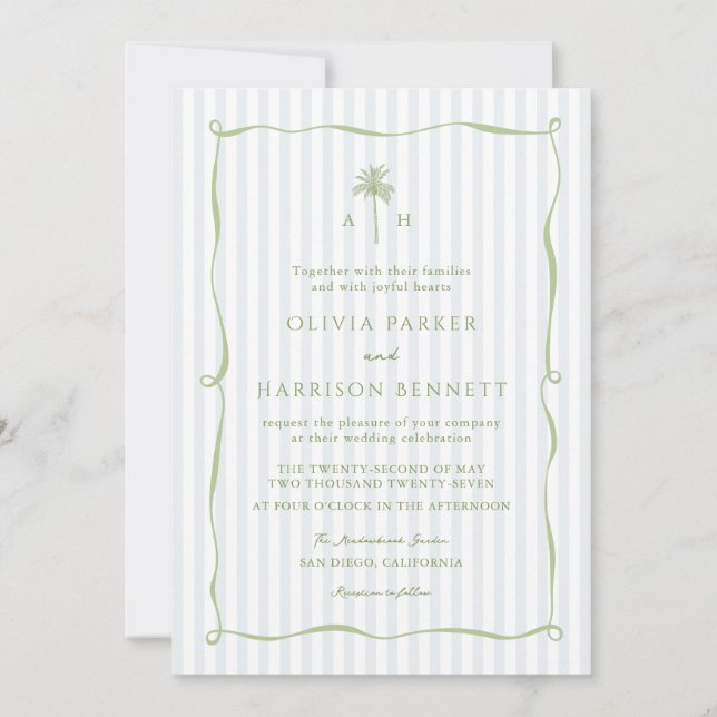 Blue Stripe Palm Tree Tropical Wedding Invitation (Devant)