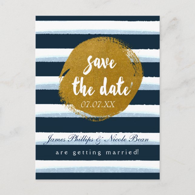 Blue Striped & Gold Foil Enregistrer La Date Carte (Devant)