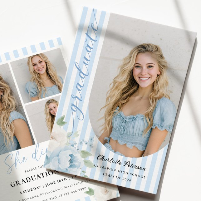 Blue Stripes Floral Graduation Invitation (Créateur téléchargé)