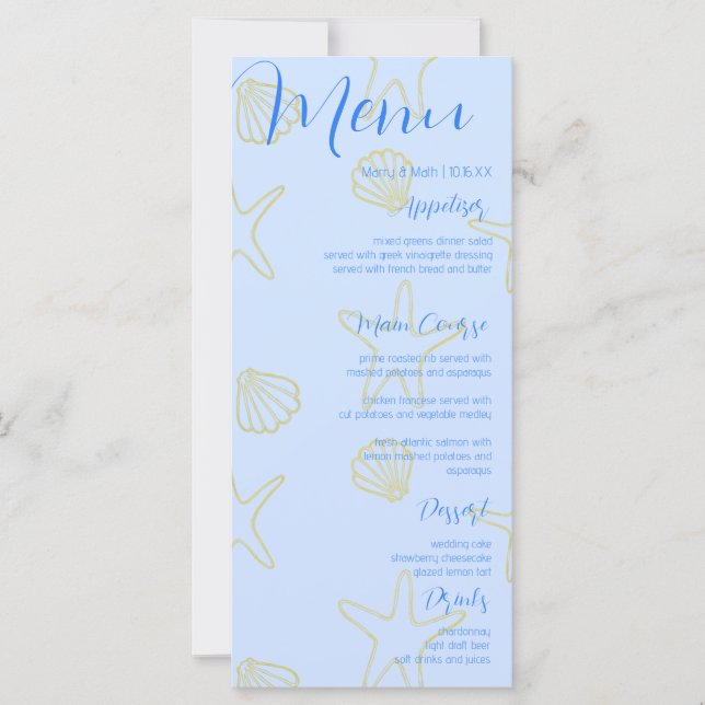 Blue Summer Sea Shell et Star Beach Wedding Menu (Devant)