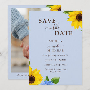 Blue Sunflower Mariage plat Enregistrer la carte d
