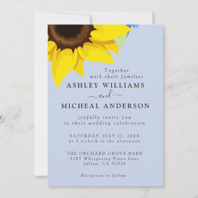 Blue  Sunflower Wedding Invitation With Photo (Devant)