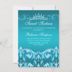 Blue Sweet16 Damask & Tiara Birthday Invitation