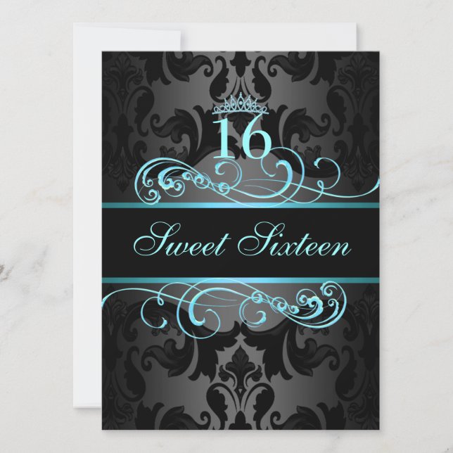 Blue Swirl Damask Sweet16 Invitation d'anniversair (Devant)