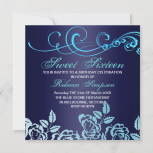 Blue Swirl & Rose Sweet 16 Anniversaire Invitation