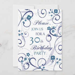 Blue Swirls 30th Birthday Party Invitation Card