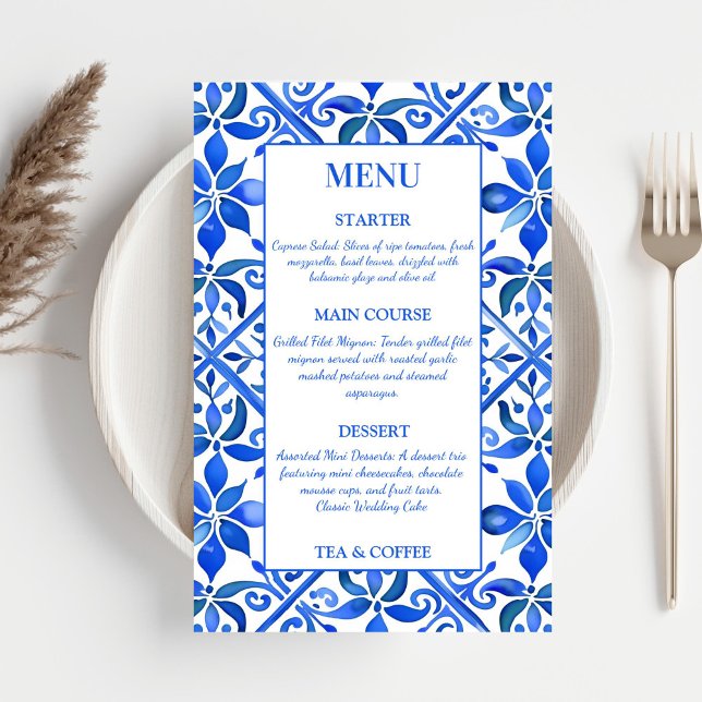 Blue Talavera Vintage espagnol carreaux menu maria (Vintage Talavera Spanish Mexican Mediterranean Blue tiles wedding menu card reception table decor)