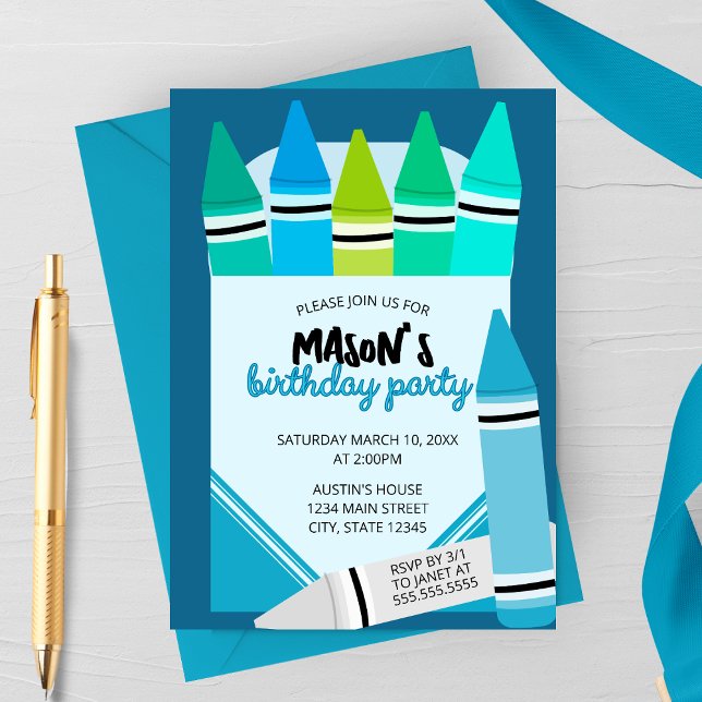 Blue & Teal Crayon Birthday Party Invitation (Créateur téléchargé)