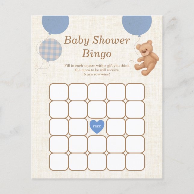 Blue Teddy Bear Baby shower Bingo Jeu (Devant)