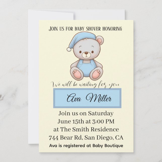 Blue Teddy Bear Baby Shower Invitation | (Devant)
