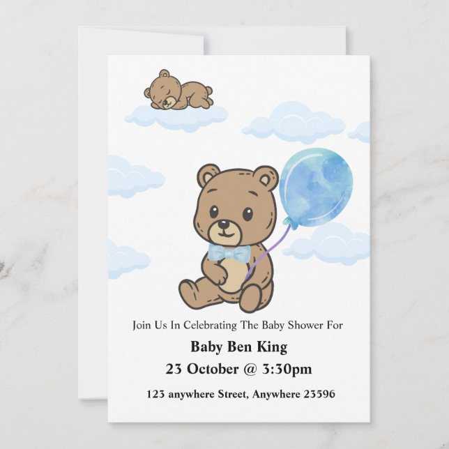 Blue Teddy Bear Baby Shower Invitation  (Devant)