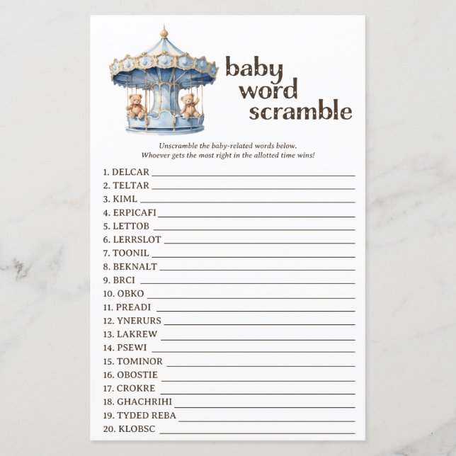 Blue Teddy Bear Baby shower Word Scramble Jeu (Devant)
