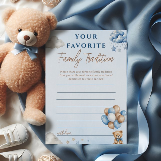 Blue Teddy Bear Balloons Family Tradition Card (Créateur téléchargé)