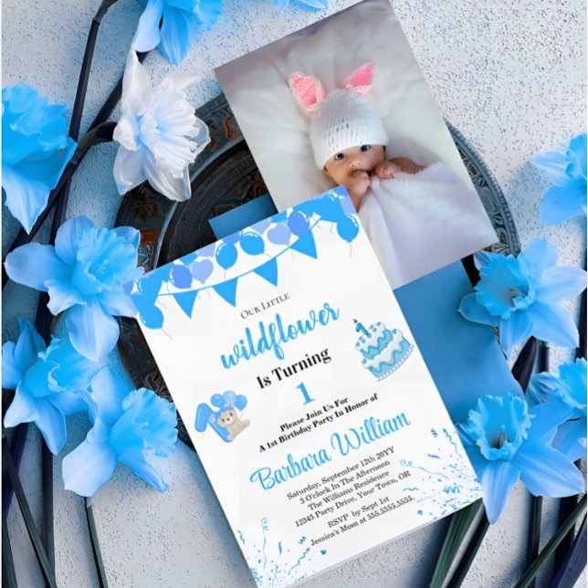 Blue Teddy Bear First Birthday Photo Invitation (Créateur téléchargé)