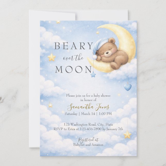Blue Teddy Bear Moon Baby Shower Invitation (Devant)