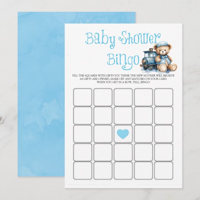 Blue Teddy Bear Train Boy Baby shower Bingo Card (Devant / Derrière)