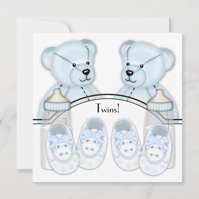 Blue Teddy Bear Twin Boys Baby Shower Invitations (Devant)