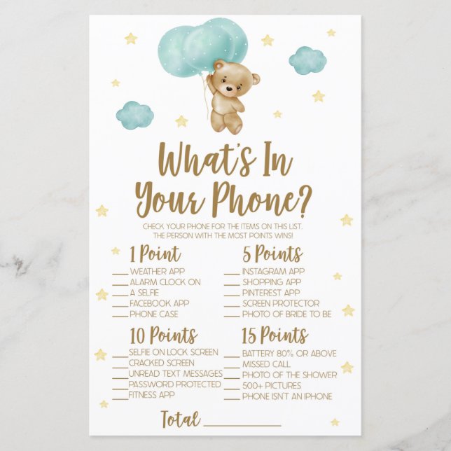 Blue Teddy Bear What's In Phone Baby shower Jeu (Devant)