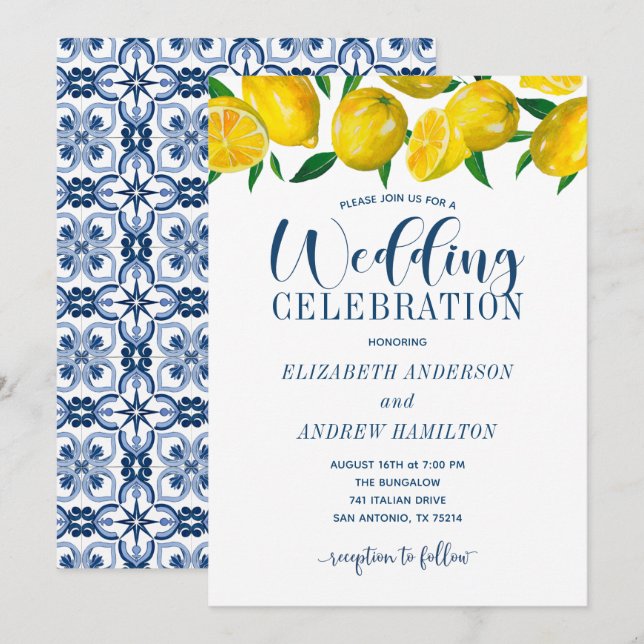 Blue Tile Italian Lemon Wedding Invitation (Devant / Derrière)