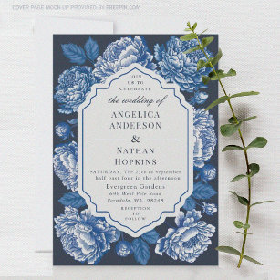 Blue Toile De Jouy Peony Invitation Floral Mariage