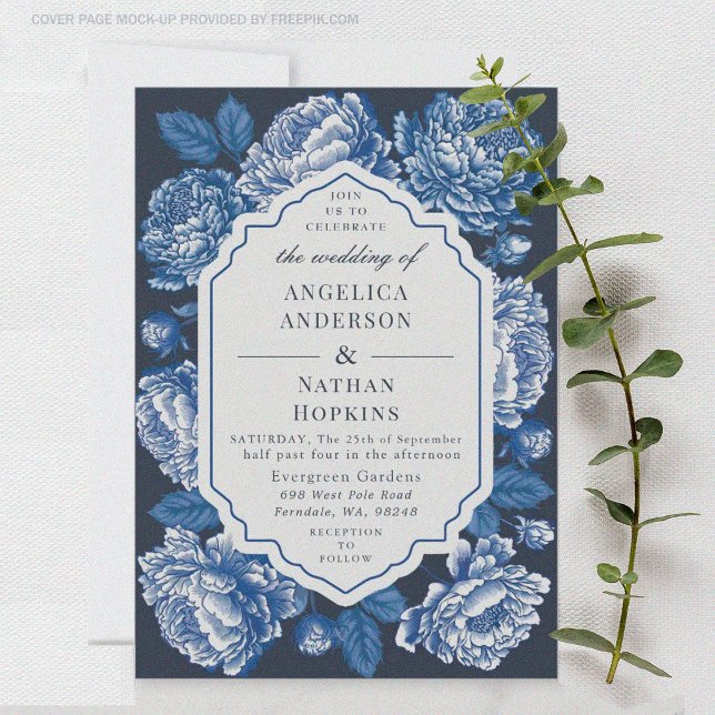 Blue Toile De Jouy Peony Invitation Floral Mariage (Créateur téléchargé)