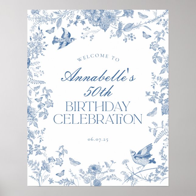 Blue Toile Jouy Floral Anniversaire Affiche de bie (Devant)