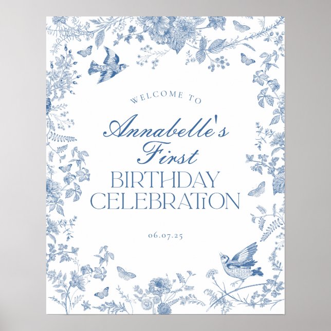 Blue Toile Jouy Floral Anniversaire Affiche de bie (Devant)