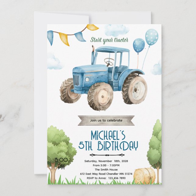 Blue tractor birthday party invitation (Devant)