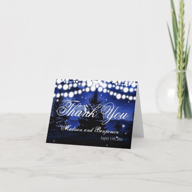 Blue Tree Twinkle Lights Mariage Merci Cartes (Devant)