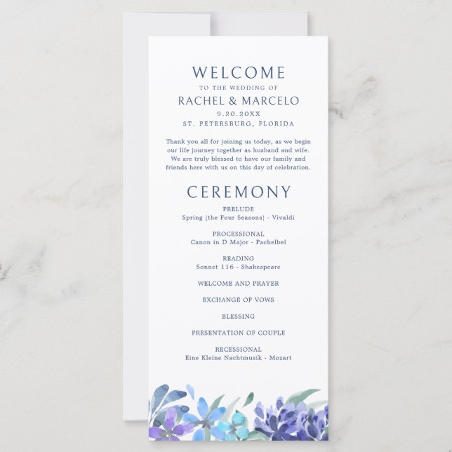 Blue Tropical Floral Wedding Program (Devant)