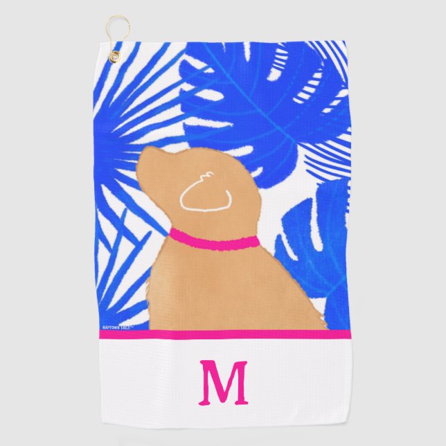 Blue Tropical Island Yellow Dog Golf Serviette (Devant)