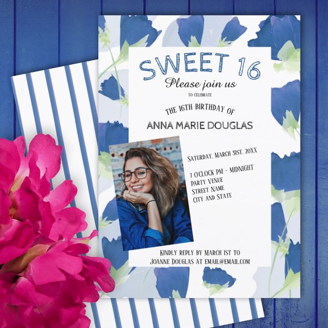 Blue Tulip Sweet 16 Invitations (blue tulips floral summer spring springtime sweet 16 sixteen party invitations, flowers, stripes)