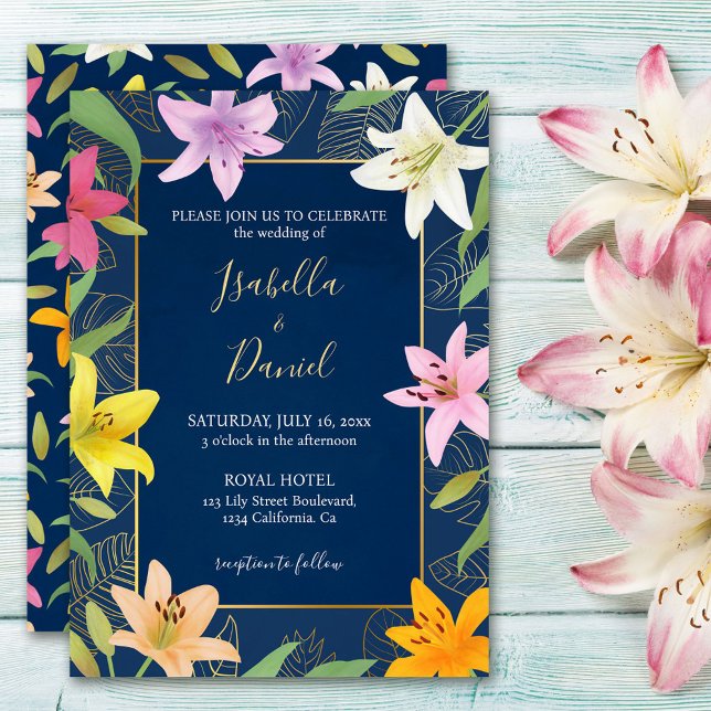 Blue Turquoise & Gold Tropical Lily Faire-part de  (Blue Teal & Gold Tropical Lily Wedding Invitation)