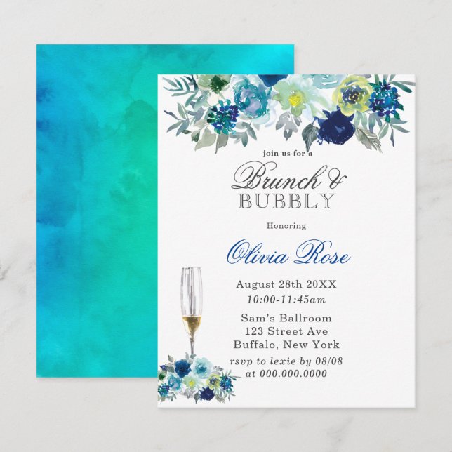 Blue Turquoise Peony Brunch & Bubbly Invitations (Devant / Derrière)