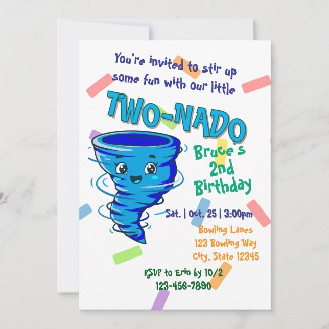 Blue TwoNado, 2nd birthday invitation (Devant)