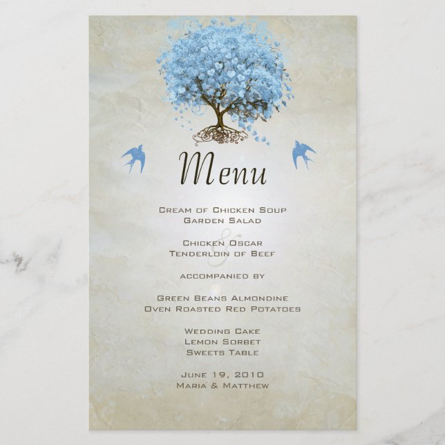Blue Vintage Bird Heart Leaf Tree Menu Mariage (Devant)