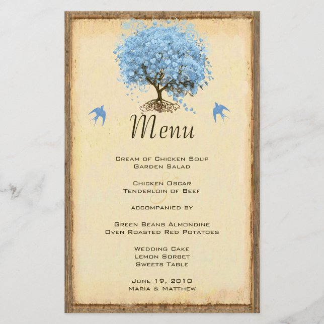 Blue Vintage Bird Heart Leaf Tree Menu Mariage (Devant)