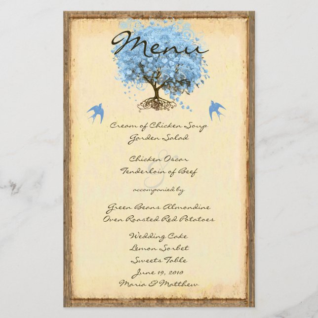 Blue Vintage Bird Heart Leaf Tree Menu Mariage (Devant)