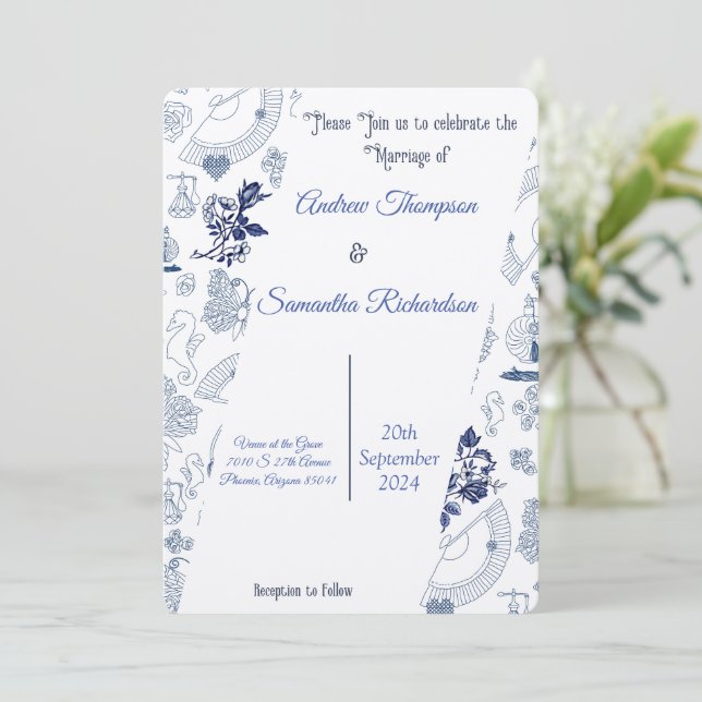 Blue Vintage Romance Mariage Invitations (Debout devant)