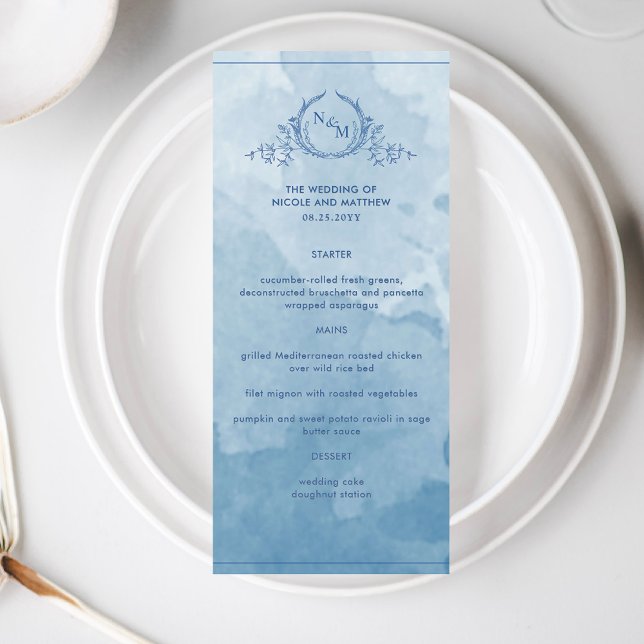 Blue Watercolor Elegant Monogram Menu Mariage (Créateur téléchargé)