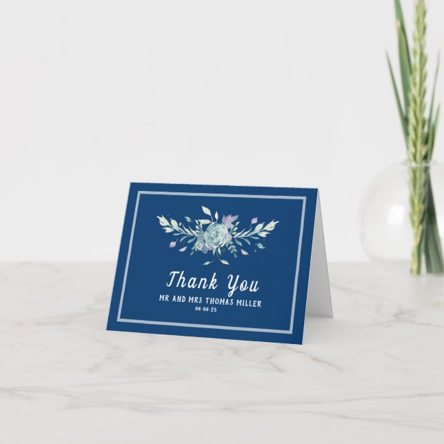 Blue Watercolor Flower Mariage Merci Note (Devant)