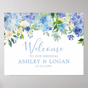 Blue Watercolor Flowers Wedding Welcome Poster