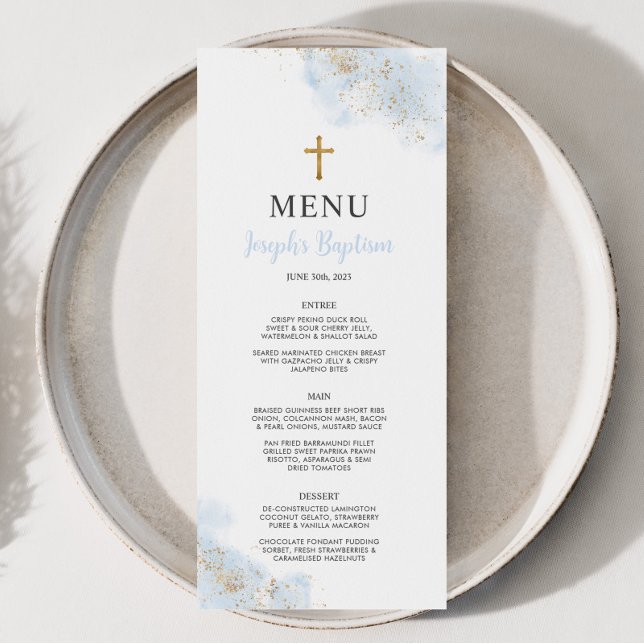 Blue Watercolor Gold Boys Christening Baptême Menu (Baptism Menu | Matching invitation and other matching items available. )