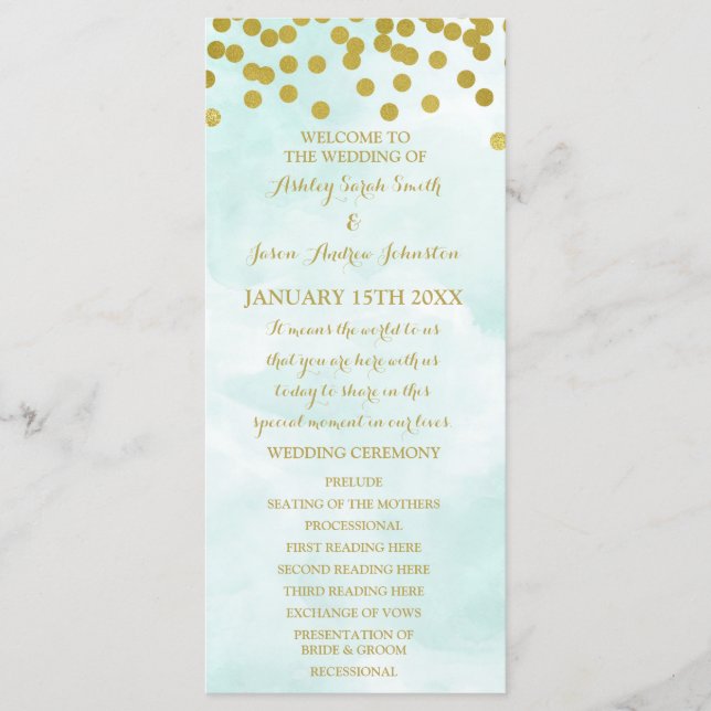 Blue Watercolor Gold Confetti Programme de mariage (Devant)